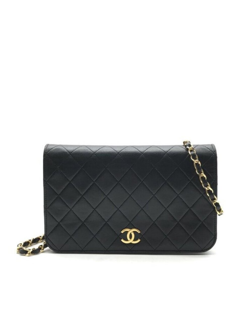 Chanel CC Logo Quilted Chain Shoulder Bag Push Lock Lambskin Black